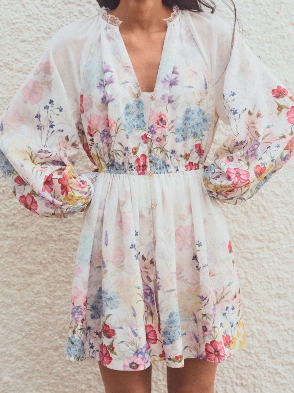 Anthropologie White Floral V-Neck Smocked Mini Dress